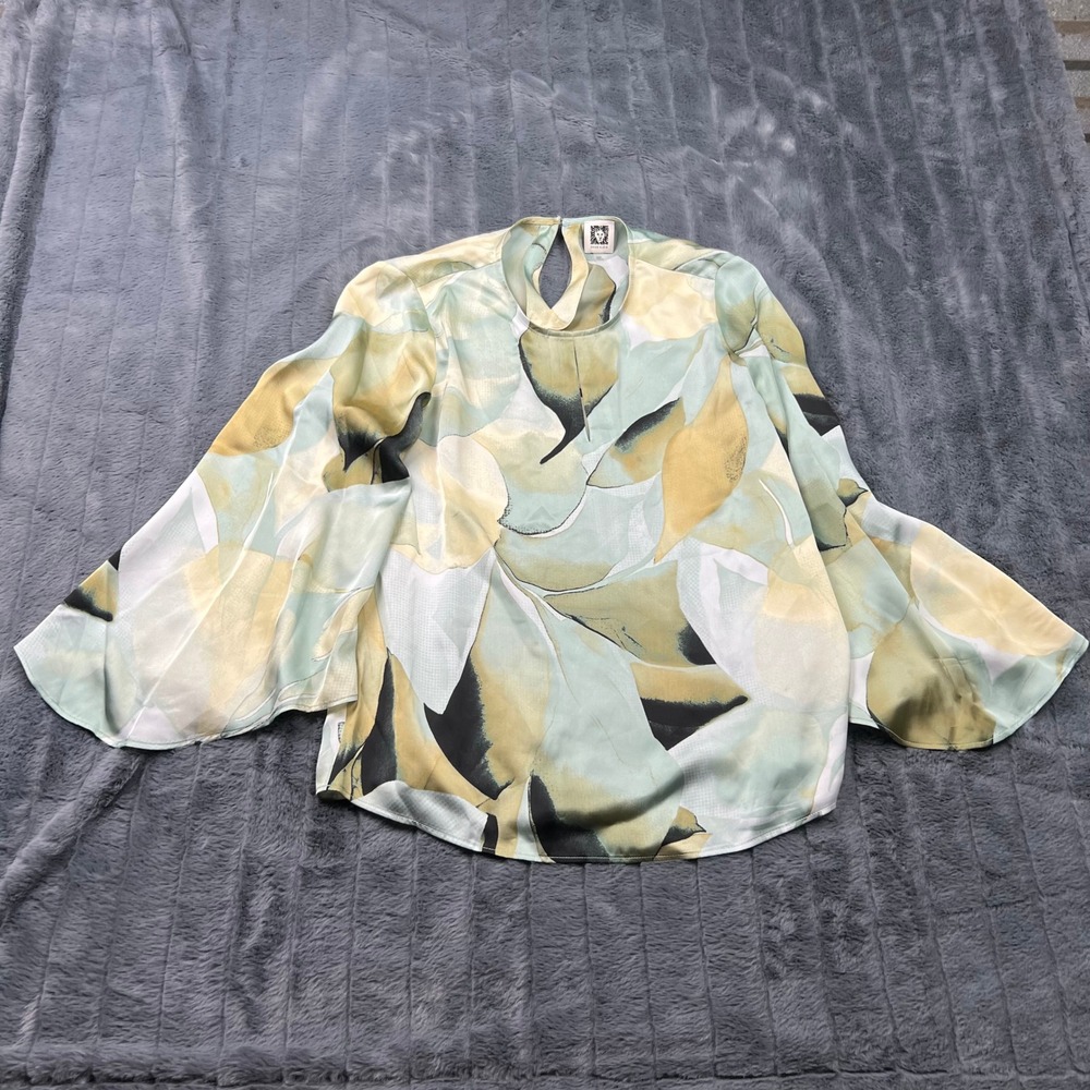 Anne Klein Women XXS Green Abstract Leaf Satin Bell Sleeve Blouse Top